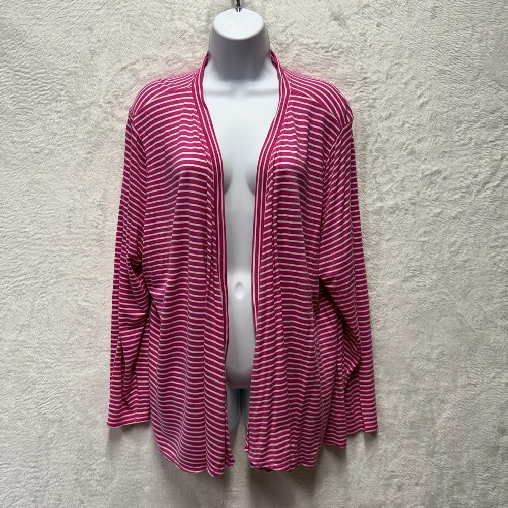 Talbots Open Front Cardigan Womens 3X Pink Striped Soft Cozy Rayon Blend Spring